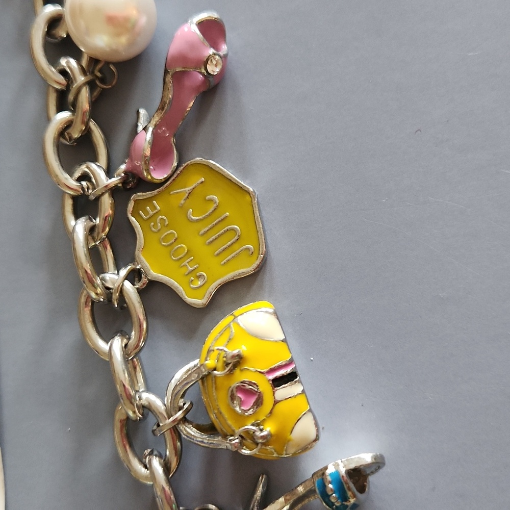 Juicy Couture Silver Tone 8 Charms Bracelet with Yellow and Pink Accents 2008 - Picture 15 of 17